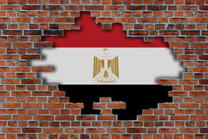 3D Flag of Egypt behind the broken old stone wall background. photo