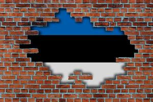 3D Flag of Estonia behind the broken old stone wall background. photo