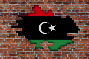3D Flag of Libya behind the broken old stone wall background. photo