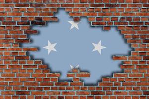 3D Flag of Federated States of Micronesia behind the broken old stone wall background. photo