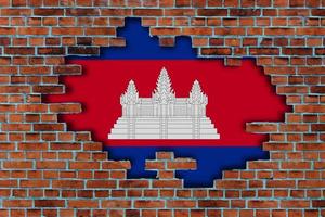 3D Flag of Cambodia behind the broken old stone wall background. photo