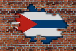 3D Flag of Cuba behind the broken old stone wall background. photo