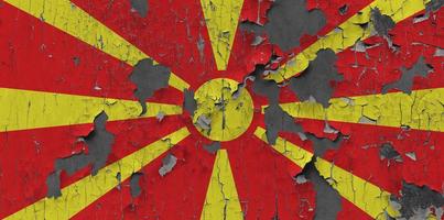 3D Flag of North Macedonia on an old stone wall background. photo