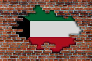 3D Flag of Kuwait behind the broken old stone wall background. photo