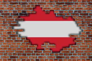 3D Flag of Austria behind the broken old stone wall background. photo