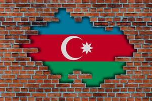 3D Flag of Azerbaijan behind the broken old stone wall background. photo