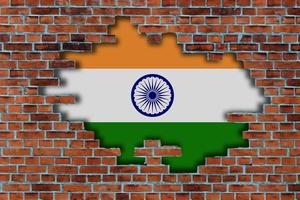 3D Flag of India behind the broken old stone wall background. photo