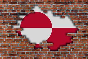 3D Flag of Greenland behind the broken old stone wall background. photo