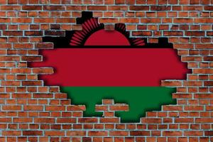 3D Flag of Malawi behind the broken old stone wall background. photo