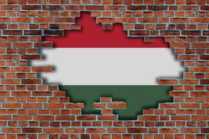 3D Flag of Hungary behind the broken old stone wall background. photo
