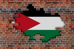 3D Flag of Jordan behind the broken old stone wall background. photo
