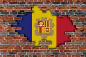 3D Flag of Andorra behind the broken old stone wall background. photo