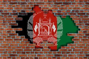 3D Flag of Afghanistan behind the broken old stone wall background. photo