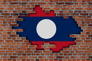 3D Flag of Laos behind the broken old stone wall background. photo