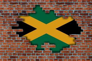 3D Flag of Jamaica behind the broken old stone wall background. photo