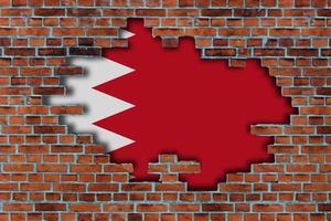 3D Flag of Bahrain behind the broken old stone wall background. photo