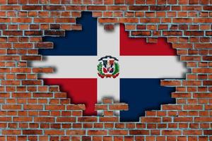 3D Flag of Dominican Republic behind the broken old stone wall background. photo