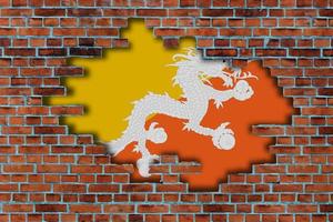 3D Flag of Bhutan behind the broken old stone wall background. photo