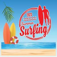 summer surfing logo with beautiful beach background vector