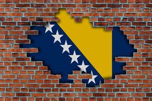 3D Flag of Bosnia and Herzegovina behind the broken old stone wall background. photo