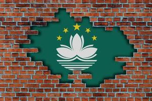 3D Flag of Macau behind the broken old stone wall background. photo