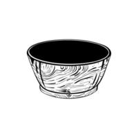 Vector illustration of empty wooden bowl on white background. Black outline, graphic drawing in curves. For postcards, design and composition decoration, prints, posters, stickers, souvenirs