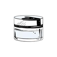 Vector illustration of jar of face cream on white background. Black outline of closed container with lid, graphic drawing. For postcards, design and composition decoration, prints, posters, stickers