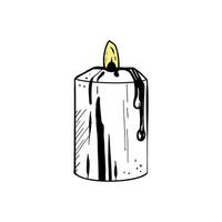 Vector illustration of burning candle on white background. Black outline of aroma candle, graphic drawing. For postcards, design and composition decoration