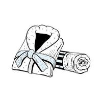 Vector illustration of set with twisted towel and folded bathrobe on white background. Black outline of new fresh wrappers, graphic drawing. For postcards, design and composition decoration