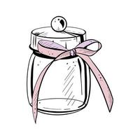 Vector illustration of closed glass container with solid lid and ribbon bowknot on white background