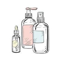 Vector illustration of set of containers on white background. Black outline of the bottles and pipette, graphic drawing. For postcards, design and composition decoration, prints, posters, stickers