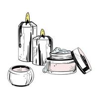 Vector illustration of set of face cream jar and candles on white background