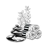 Vector illustration of set of twisted towels, cosmetic stones and plants on white background. Black outline, graphic drawing. For postcards, design and composition decoration