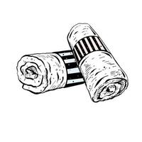 Vector illustration of twisted towels on white background. Black outline of two fresh towels, graphic drawing.