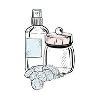 Vector illustration of set of spray dispenser, glass container and foam on white background.