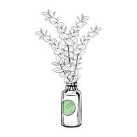 Vector illustration of bottle with label and bouquet of plant stems on white background