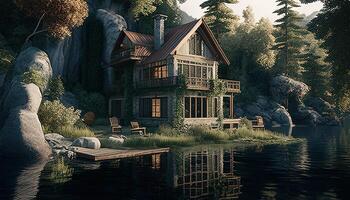 casa cerca lago y bosque, digital Arte ilustración, generativo ai foto