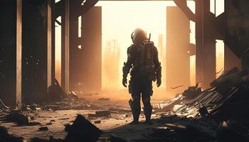 figure dressed in a chemical suit, digital art illustration, photo