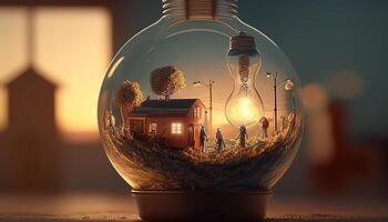 lightbulb with a miniature world inside, digital art illustration, photo