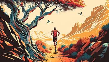 healthy trail running, digital art illustration, photo