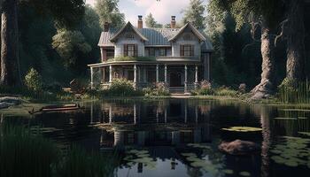 house near lake and forest, digital art illustration, photo
