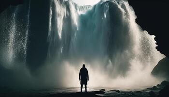 person stand behind waterfall, digital art illustration, photo