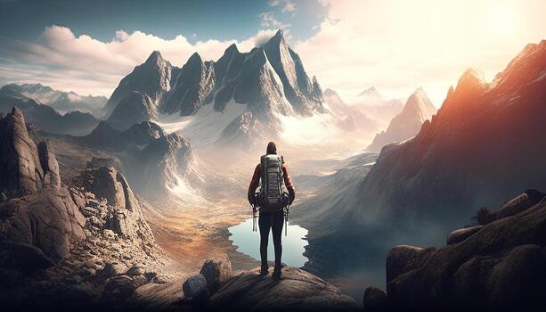 tourist in mountain peak, digital art illustration, photo