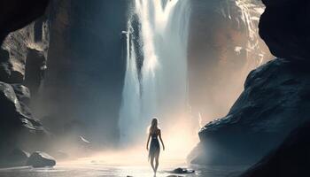 dancing in a waterfall, digital art illustration, photo
