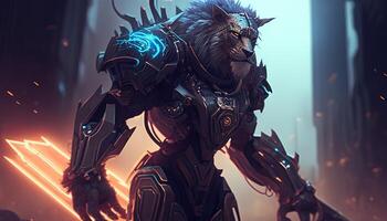 cyber lion warrior, digital art illustration, photo