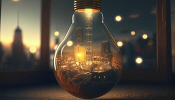 lightbulb with an upside down city, digital art illustration, photo