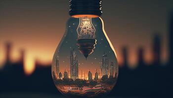 lightbulb with an upside down city, digital art illustration, photo