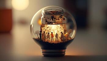 lightbulb with a miniature world inside, digital art illustration, photo