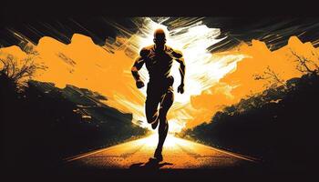 athlete running road, digital art illustration, photo