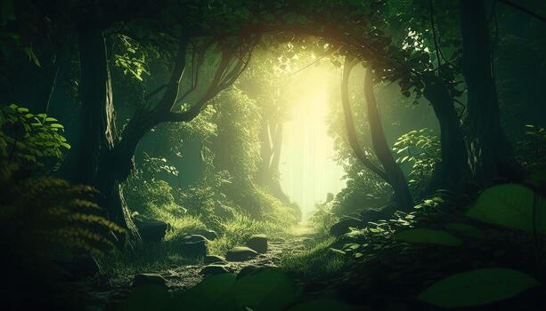 beautiful rays of sunlight in a green forest, digital art illustration, photo